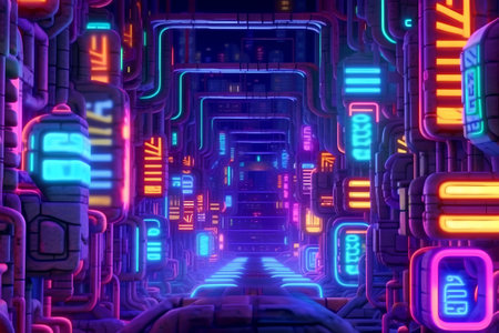 Futuristic corridor with neon lights, 3d rendering. Computer digital drawing.の素材
