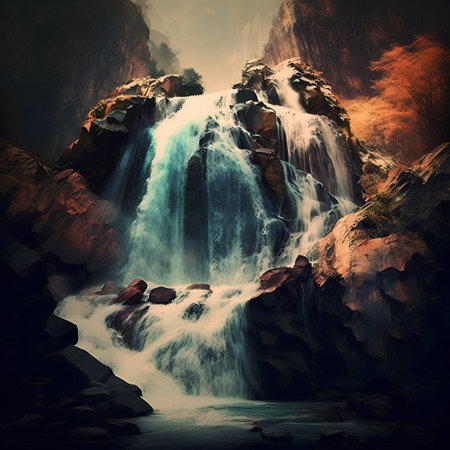 Beautiful waterfall in the mountains. Fantasy landscape. Digital painting.の素材