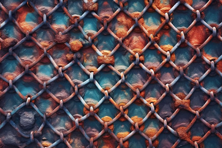 rusty metal chain link fence in blue and orange colors, abstract backgroundの素材