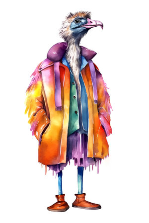 Watercolor illustration of a man in a raincoat with an eagle.の素材