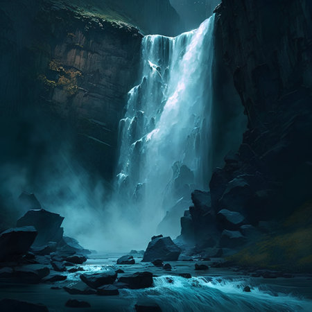 Beautiful waterfall in the mountains. Fantasy landscape. 3d renderingの素材