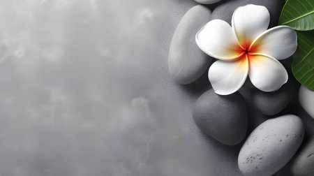 Spa stones and frangipani flower on grey background.の素材