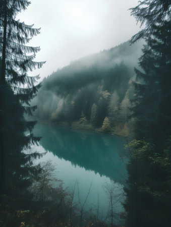 Beautiful autumn landscape with mountain lake and pine trees in fog.の素材
