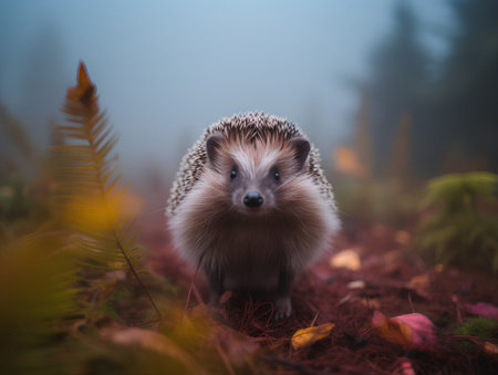 Hedgehog in the autumn forest. Wild animal in the forest.の素材