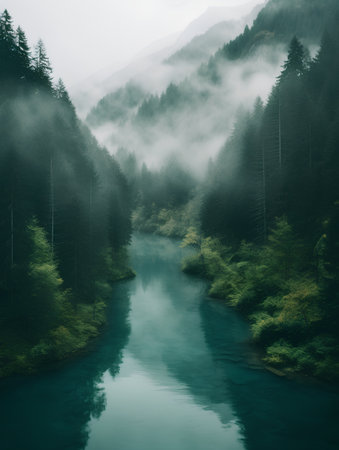 Landscape photo of a mountain river in the misty forest.の素材