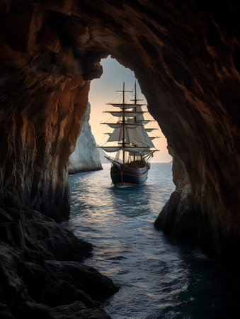 Sailing ship in the cave on the island of Capri, Italyの素材