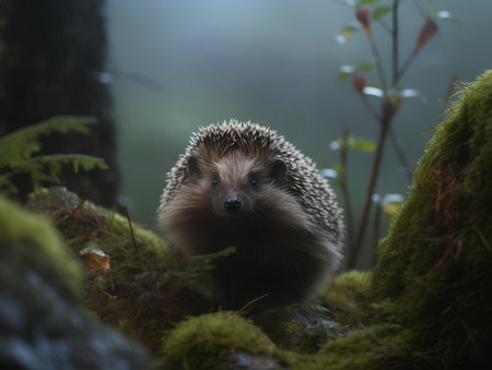 Hedgehog in a rain forest. Nature scene with wild animal.の素材