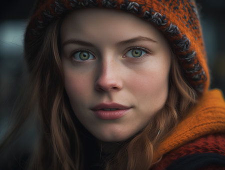 Close up portrait of a beautiful young woman in a warm hat and scarfの素材