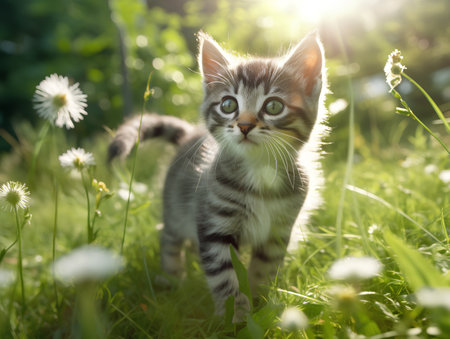 Cute little kitten walking in the grass and dandelion flowers.の素材