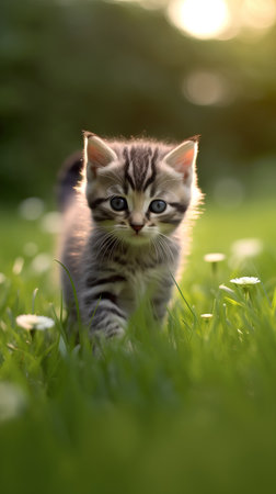 Cute little tabby kitten on green grass. Baby cat outdoorsの素材