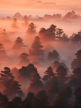 Foggy landscape with pine trees in the forest at sunrise.の素材
