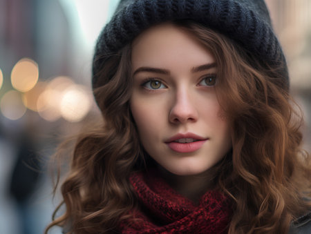 Portrait of a beautiful young woman in a hat and scarf.の素材