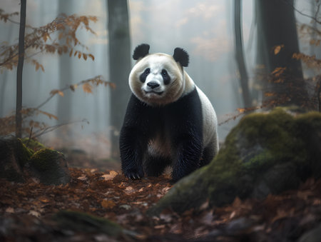 Giant panda walking in the autumn forest. 3d renderingの素材