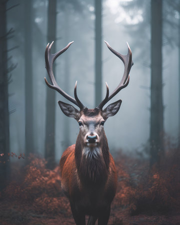Red deer stag with antlers in a forest during a foggy day.の素材