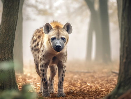 Spotted hyena in the autumn forest. Photo in vintage style.の素材