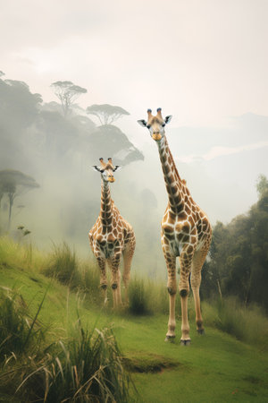 Giraffes in the savanna of Serengeti National Park, Tanzaniaの素材