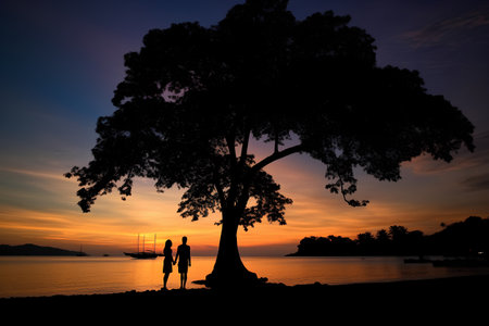 Silhouette of a couple on the beach at sunset with a tree.の素材