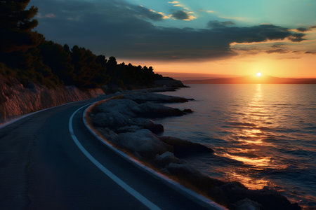 Beautiful seascape at sunset. Road along the sea.の素材