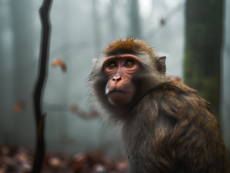 Monkey in the forest. Macaca fascicularis, close-upの素材