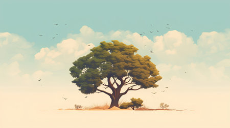Tree in the desert with birds flying in the sky. Vector illustration.の素材
