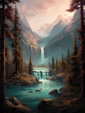 Waterfall in the mountains. Mountain landscape with a waterfall. Digital painting.の素材