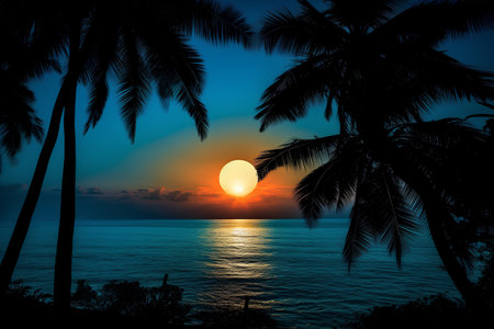 Silhouette of palm trees on the seashore at sunsetの素材