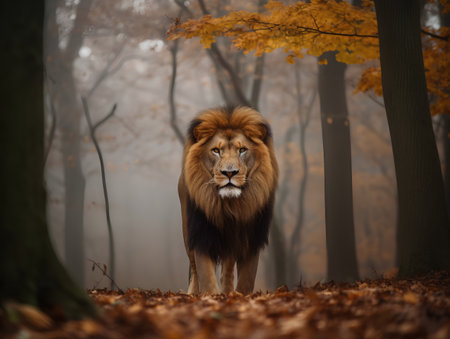 Lion in the autumn forest. Beautiful lion in the forest.の素材