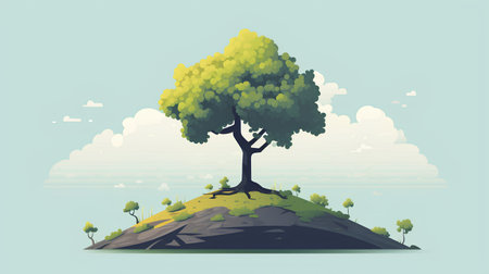 Tree on the hill. Vector illustration in flat style. Nature landscape.の素材