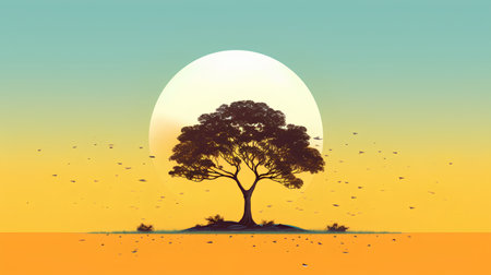 Silhouette of a tree on a background of the sunset. Vector illustrationの素材