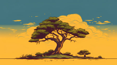 Vector illustration of a big tree on the background of the sunset.の素材