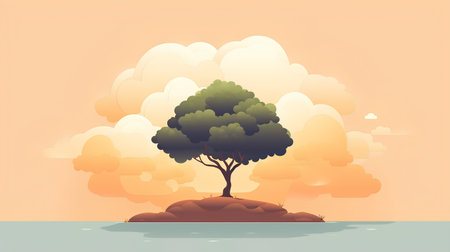 Tree on a island in the sea. Vector illustration in flat styleの素材