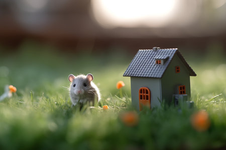 Cute little mouse in the grass with a toy house on the backgroundの素材