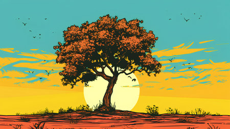Vector illustration of a tree on the background of the setting sun.の素材