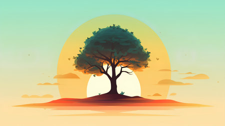 Silhouette of a tree on the background of the sunset. Vector illustrationの素材