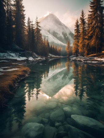 Mountain lake at sunset. Dramatic overcast sky. Beauty world. Retro style.の素材