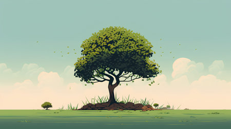 Tree on green meadow. Vector illustration in flat cartoon style.の素材