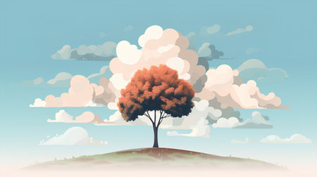 Autumn tree on a hill. Vector illustration in cartoon style.の素材