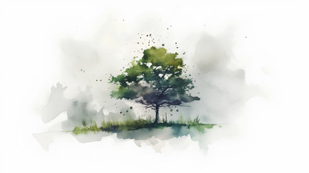 Watercolor illustration of a tree in the field. Hand-drawn illustration.の素材