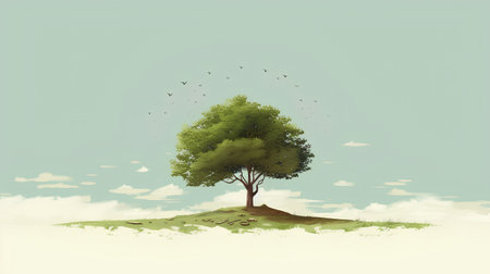 Tree on the hill with birds in the sky. Vector illustration.の素材