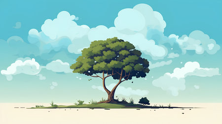 Tree on the island with blue sky and clouds. Vector illustration.の素材