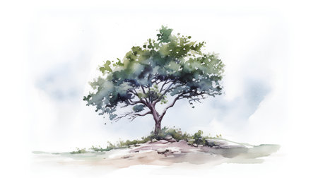 Watercolor illustration of a tree on the beach in the summer.の素材