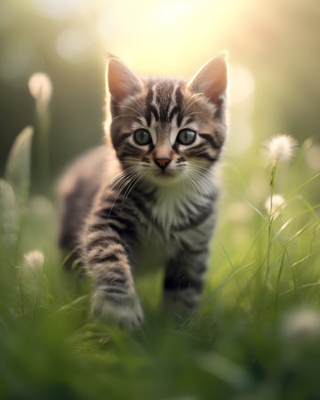 Cute little kitten walking in the grass with dandelions.の素材