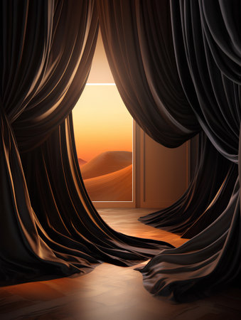 Open door with curtains and sand dunes at sunset, 3d renderの素材