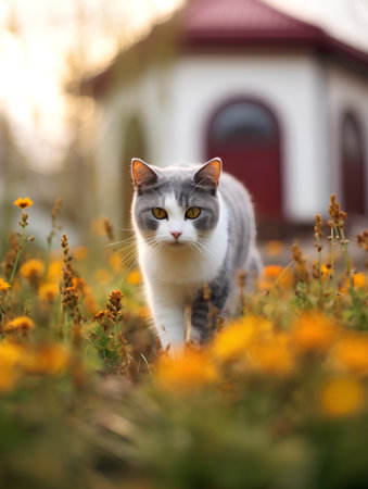 Portrait of a cat in a meadow with yellow flowers.の素材