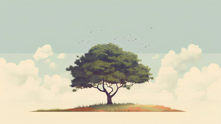 Summer landscape with a tree and clouds. Vector illustration. Eps 10の素材