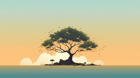 Vector illustration of a tree on a background of the sea and skyの素材