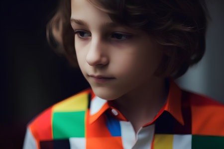 Portrait of a little boy in a colorful shirt. Studio shot.の素材