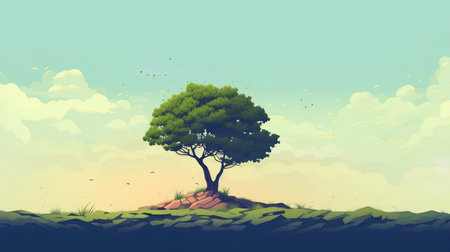 Landscape with a lonely tree on the hill. Vector illustration.の素材