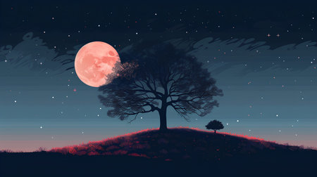 Night landscape with a lonely tree and a full moon. Vector illustration.の素材