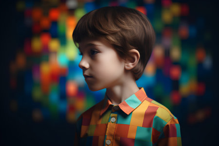 Portrait of a little boy in a colorful shirt on a dark backgroundの素材